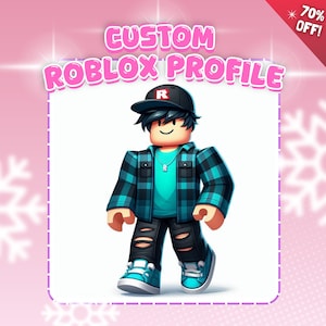 Puede incluir: Ilustración digital de un avatar de Roblox con una camisa a cuadros negra y turquesa, jeans negros rasgados y zapatillas azules. La imagen incluye el texto "CUSTOM ROBLOX PROFILE" en rosa y una pancarta "70% OFF!"