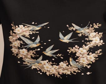 Birds 90s Vintage Style Tshirt, Nature Lover T-Shirt with Blue Swallows and Blossoms, Vintage Bird Art Gift, Floral Aesthetic Graphic Tee
