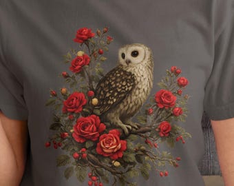 Vintage Owl and Red Roses T-Shirt, Nature Lover Gift, Cottagecore Aesthetic Tee, Nature Inspired Owl Shirt, Retro Botanical Graphic Tee