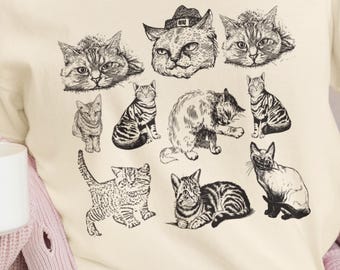 Vintage Cat Sketches T-shirt | Hand-Drawn Feline Illustration, Cats 90s Vintage Tattoo Style Tshirt, Retro Comfort Colors® Y2k Kitten Shirt