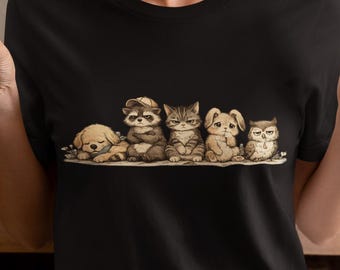 Cute Animal Friends T-Shirt, Cat Dog Owl Lovers Adorable Pet Lover Graphic Tee, Animal Squad Vintage Style Shirt, Cute Animal Friends Gift,