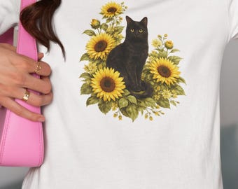 Black Cat with Sunflowers T-Shirt, Aesthetic Cat Lover Gift, Floral Kitty Art Graphic Tee, Cute Cottagecore Shirt, Floral Cat Lover