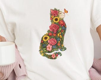 Comfort Colors® Wildflower Cat T-Shirt, Nature Lover Shirt, Cat Lover Gift, Floral Cat tee, Animal Lover Gift,Nature Lover Gift for Cat Moms