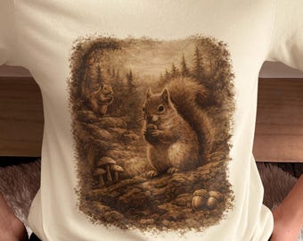 Vintage Woodland Squirrel Shirt Forest Scene, Rustic Sepia Art,Retro Wildlife Lover Shirt, Vintage Squirrel Scene Gift, Naturecore Graphic