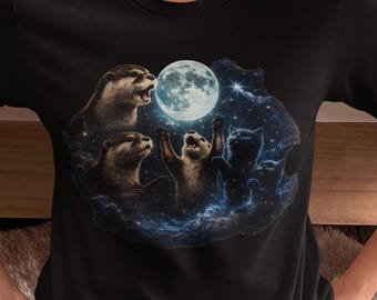 Funny Otter and Cat T-Shirt, Cosmic Moon Scene Gift, Cute Animal Lover Graphic Tee, Funny Space Graphic Tee, Hilarious Galaxy Wildlife Gift