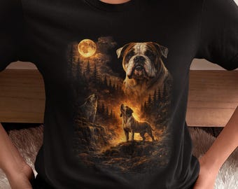 Bulldog Spirit Under Moonlight T-Shirt, Dog Lover Gift, Vintage Wilderness Bulldog Graphic Tee, Animal Nature Art Shirt