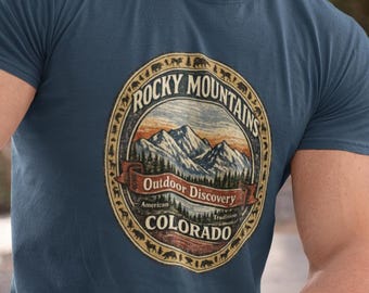 Rocky Mountains Badge T-Shirt Colorado Outdoor Discovery, Vintage Rocky Mountains Colorado T-Shirt, 90s Mountain Hiking tee, Comfort Colors