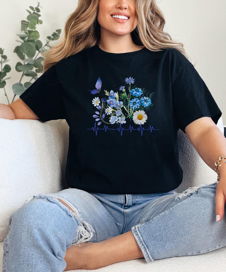 Blue Flower Bouquet Shirt, Flower Lover Shirt, Retro Floral Shirt, Flower Shirt, Plant Ladies Shirt, Gift for Nature Lover image 2
