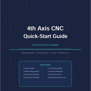 Könnte beinhalten: Eine dunkelblaue 4th Axis CNC Quick-Start Guide mit weißem Text. Das Cover zeigt den Titel, den Untertitel From Zero to First Toolpath und ein What's Inside-Feld, das Themen wie Checkliste, G-Code-Referenz und Projektanleitung auflistet.
