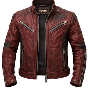 Men&#39;s Red Real Leather Biker Jacket