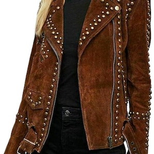 Women&#39;s Western Fashion Studded Vintage Retro Style Suede Leather Jacket