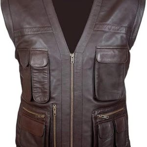 Mens Brown Biker Motorcycle V -Neck Leather Sleeveless Vest