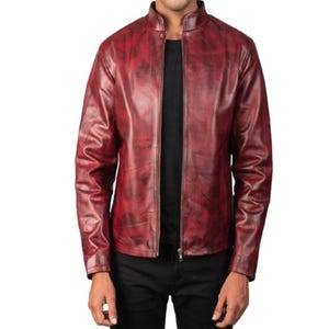 Men&#39;s Distressed Burgundy Leather Biker Jacket