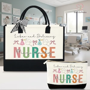May include: A canvas tote bag and matching cosmetic bag. The bags are off-white with black accents and handles. The text "Labor and Delivery NURSE Mrs. Emily" is printed on the front, along with stork illustrations and bows. A black and white striped bow adorns the tote.