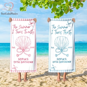 The Summer I turn Birthday Beach Towel, 20th 30th Birthday Gift,Beach Coastal Birthday Party Favors,Custom 40th Birthday Gift,Summer Beach