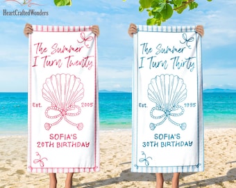 The Summer I turn Birthday Beach Towel, 20th 30th Birthday Gift,Beach Coastal Birthday Party Favors,Custom 40th Birthday Gift,Summer Beach