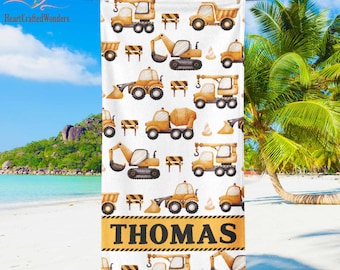 Personalized Kids Beach Towel with Name | Construction Trucks Boys Bath Towel | Custom Summer Pool Towel for Kids