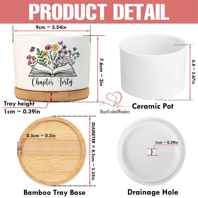 May include: White ceramic pot with a floral design and the text "Chapter Forty". The pot is 3 inches tall and 3.54 inches wide, sitting on a bamboo tray base. A separate white ceramic pot and a drainage hole are also shown.
