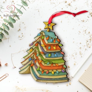Book Tree Wooden Ornament, Book Lover Christmas Ornament, Book Lover Gift, Book Club Gift, Book Lover, Book Reader Gifts, Book Club Ornament
