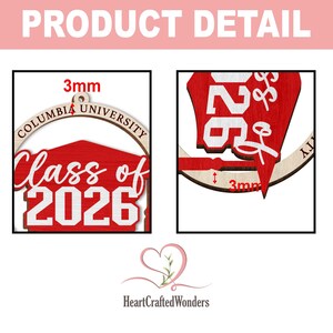 May include: Wooden Columbia University Class of 2026 ornament. The ornament features a red and white design with the words "Class of 2026" and "Columbia University". The ornament is 3mm thick and has a natural wood finish.