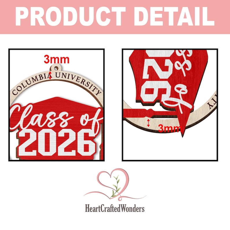 May include: Wooden Columbia University Class of 2026 ornament. The ornament features a red and white design with the words "Class of 2026" and "Columbia University". The ornament is 3mm thick and has a natural wood finish.