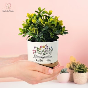 May include: A white ceramic planter with a floral design and the text "Chapter Forty" holds a green plant. The planter sits on a wooden base. The background is a soft pink.