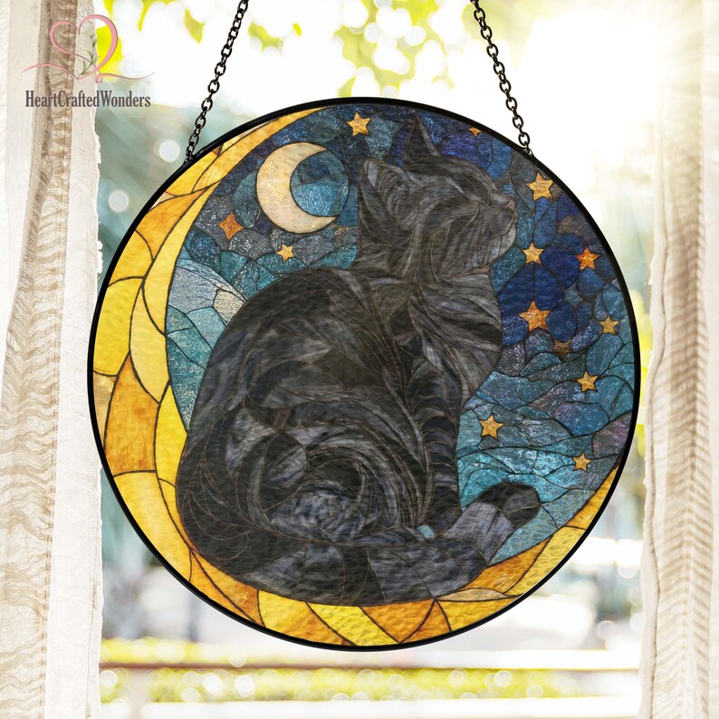 Cat on the Moon Stained Glass Suncatcher: Orange Cat Memorial Gift ...