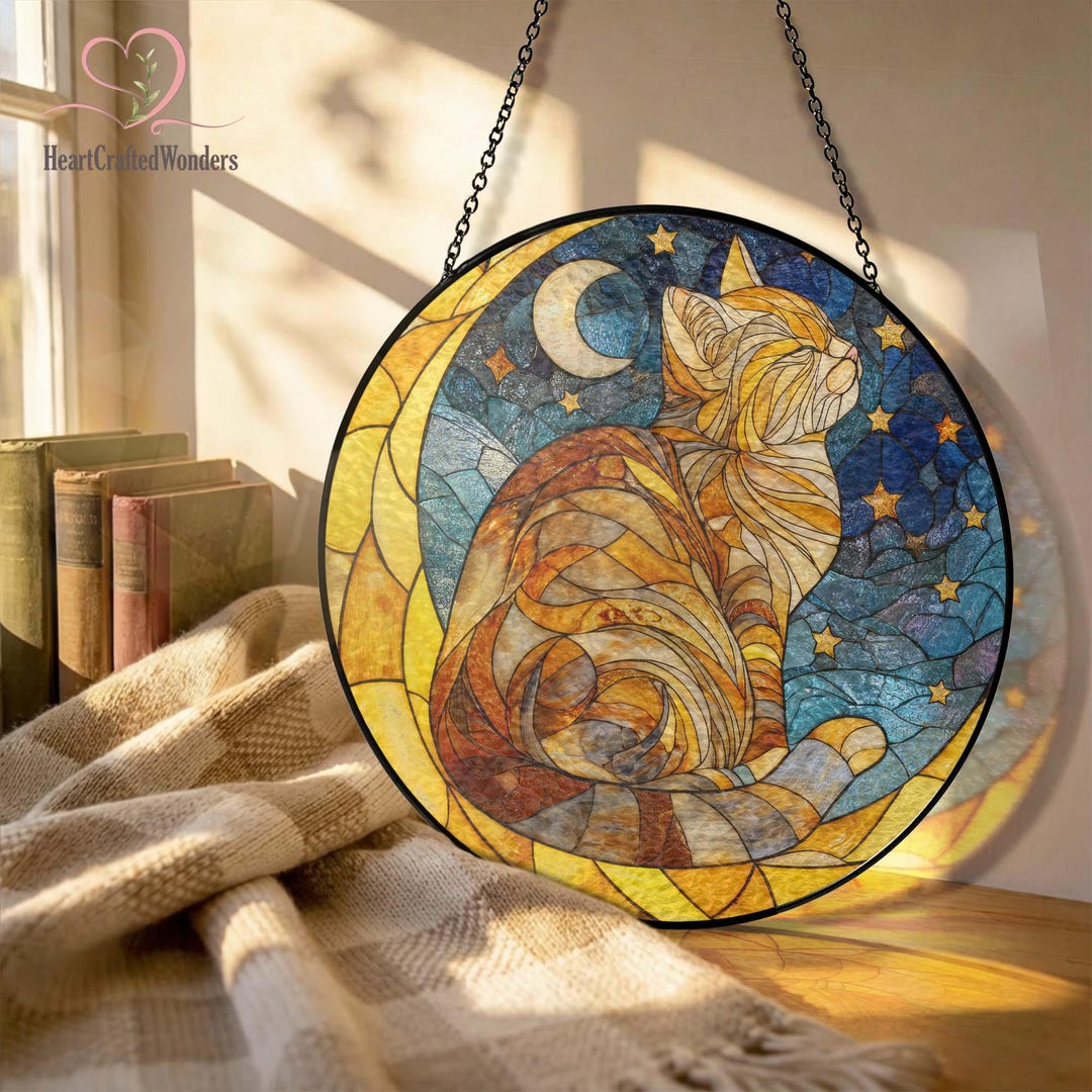 Cat on the Moon Stained Glass Suncatcher: Orange Cat Memorial Gift ...