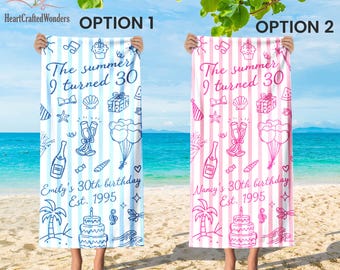 Custom Birthday Beach Towel, Beach Coastal Birthday Party Favors, Beach Birthday Party, Summer Birthday Towel, 30th 40th 50th Birthday Gift