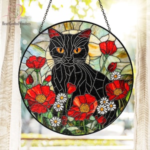 Personalized Black Cat In Poppy Flowers Stained Glass Suncatcher, Cat Home Decor, Gift For Mom, Cat Lover, Black Cat Flower Unique Cat Lover