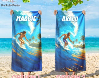 Surfing Gifts, Surfing Beach Towel, Surfer Gifts, Surfboard Personalized Name Bath Towel, Wave Lover Towel, Summer Surfers Trip, Ocean Life