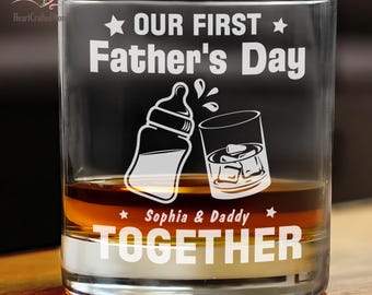 Our First Father&#39;s Day Whiskey Glass With Custom Names For Dad And Baby, Personalized Dad And Kid Gift For Husband, Father&#39;s Day Gift