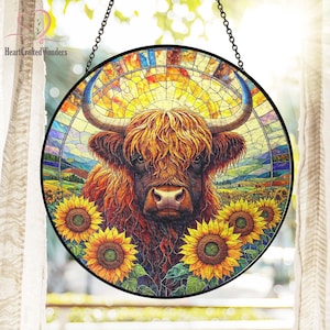Sunflowers Highland Cow Glass Suncatcher, Highland Cow Suncatcher, Highland Cow Window Hanging with Sunflower Rustic Farmhouse Animal Decor