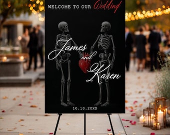 Gothic Skeleton Wedding Welcome Sign, Halloween Wedding Sign, Dark Wedding Welcome Sign, Black Gothic Wedding