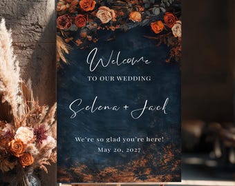 Navy Blue Wedding Welcome Sign, Burnt Orange Wedding Sign, Moody Floral Wedding, Fall Wedding Welcome