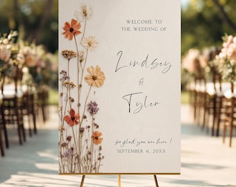 Wedding Welcome Sign Printed Dried Wildflower Design, Rustic Neutral Minimal Floral Sign, Minimal Floral Sign