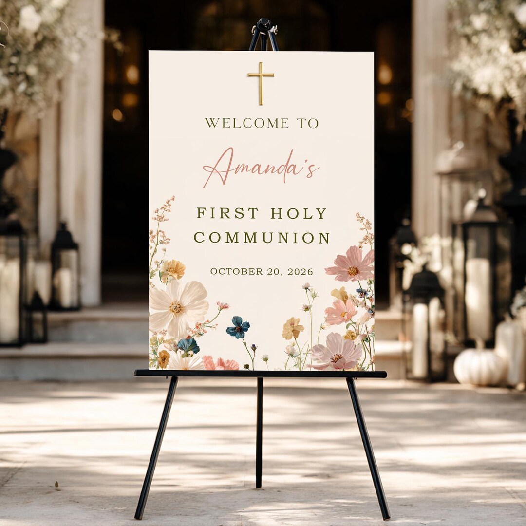 Communion Post Sign Floral First Holy Communion Welcome Sign, Cross Communion Sign, Baptism ...