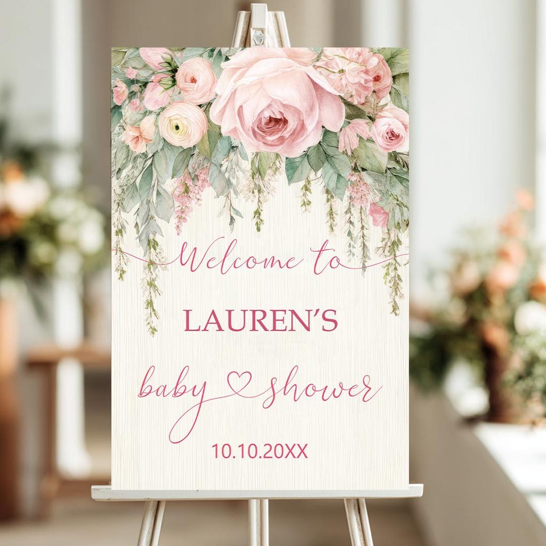 Welcome Rosa Pink Floral Baby Shower Welcome Sign, Elegant Rose Baby Shower Decor ...