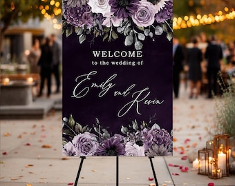 Purple Floral Halloween Wedding Welcome Sign, Dark Floral Wedding Sign, Moody Halloween Wedding Sign, Black Wedding Sign, Gothic Decor