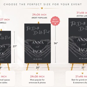 May include: Three black rectangular wedding welcome signs with white text reading Till Death Do Us Part, Anna and Jack, and 10.20.20XX. The signs feature a skeleton hand heart graphic and are shown in sizes 18x27 inches, 24x36 inches, and 31x46 inches.