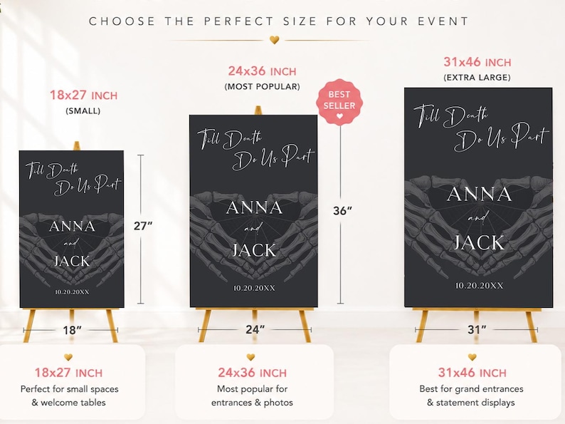 May include: Three black rectangular wedding welcome signs with white text reading Till Death Do Us Part, Anna and Jack, and 10.20.20XX. The signs feature a skeleton hand heart graphic and are shown in sizes 18x27 inches, 24x36 inches, and 31x46 inches.