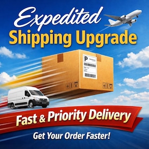 May include: An image advertising faster delivery services. A cardboard box with a shipping label is shown in motion against a blue sky with a white airplane. A white delivery van is on the left. Text reads "Expedited Shipping Upgrade" and "Fast & Priority Delivery."