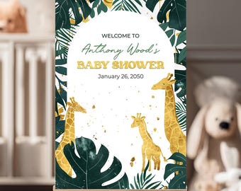 Safari Jungle Baby Shower Welcome Sign, Giraffe Baby Shower Decoration, Greenery Baby Shower Party Sign for Boy or Girl