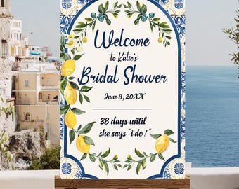 Lemon Bridal Shower Sign, Italian Bridal Shower Welcome, Mediterranean Bridal Shower, Blue Tile Bridal Shower