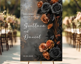 Black Floral Wedding Welcome Sign, Moody Copper Wedding Board, Gothic Wedding Sign, Fall Wedding Welcome Sign, Burnt Orange Sign