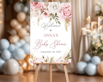 Pink Rose Baby Shower Welcome Sign, Blush Baby Shower, Floral Baby Sign, Baby Girl Welcome