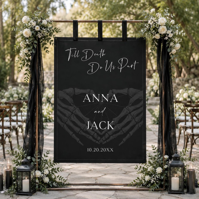 Halloween Skeleton Wedding Welcome Sign, Gothic Dark Wedding Sign for Ceremony or Reception, Till Death Do Us Part Sign image 5