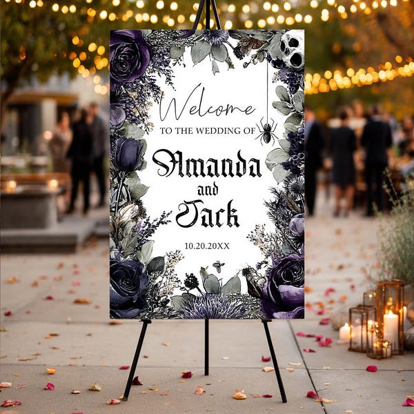 Gothic Halloween Wedding Welcome Sign, Skull Wedding Sign, Purple Black Floral Welcome, Spooky Floral wedding welcome