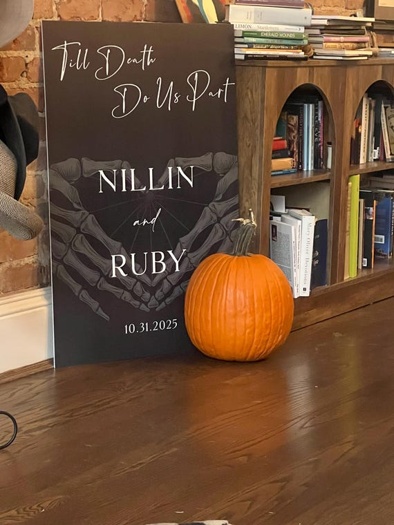 Halloween Skeleton Wedding Welcome Sign, Gothic Dark Wedding Sign for Ceremony or Reception, Till Death Do Us Part Sign