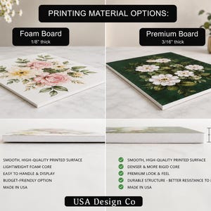 May include: A comparison of two printing material options: a white foam board with a floral print, 1/8 inch thick, and a premium board with a dark green floral print, 3/16 inch thick. The image includes text labels, thickness measurements, and lists of features.
